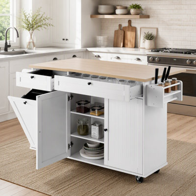 Îlot de cuisine avec rangement, chariot de cuisine mobile de 60 po de largeur avec roulettes, abattant, 2 tiroirs, armoire à poubelle, porte-couteaux, support à épices et porte-serviettes, table de salle à manger, garde-manger