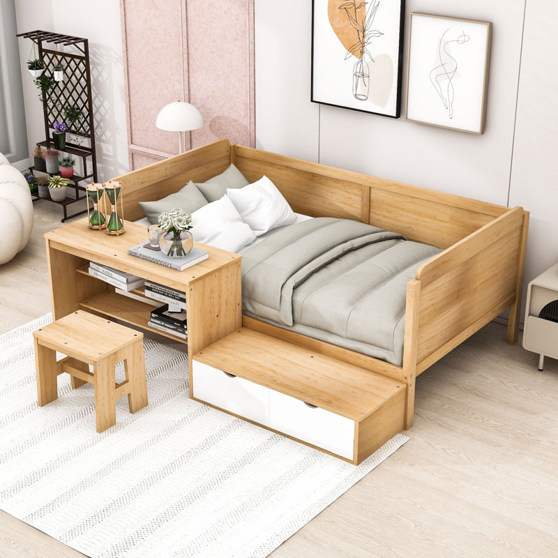 Lit de jour simple en bois avec tablettes de rangement, bureau et tabouret Gramoz, Naturel