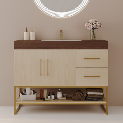 Meuble-lavabo autoportant moderne 36 po avec lavabo en céramique sans couture et plateau en pierre frittée