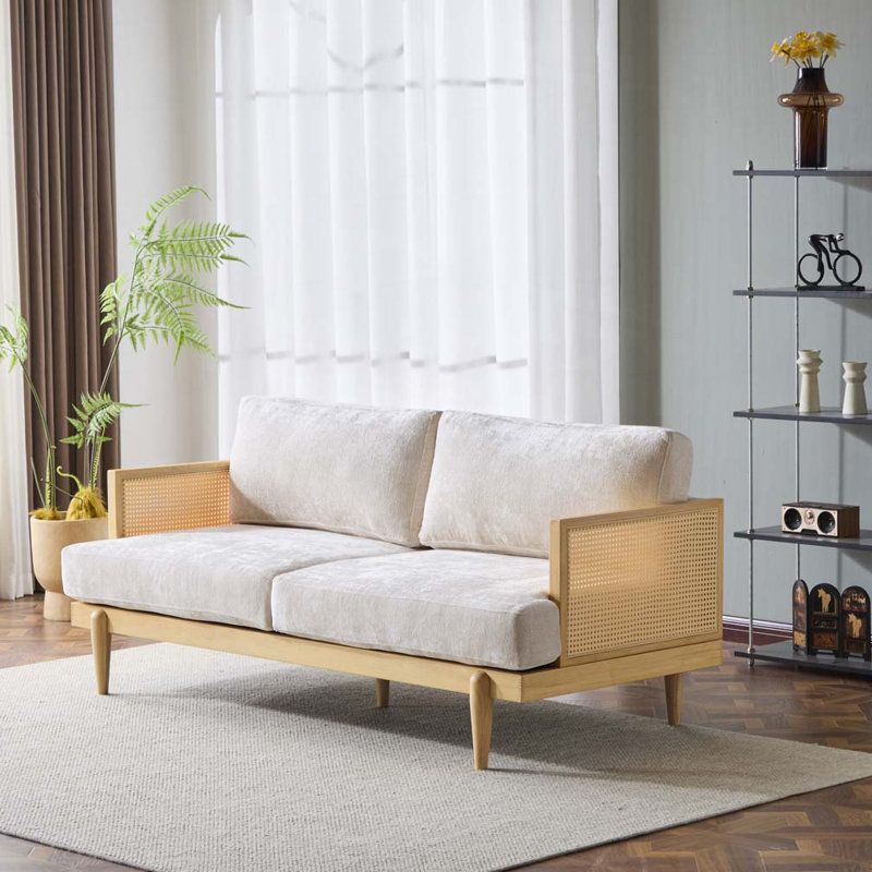 72" Square Arm 3-Seater Sofa with Cane Rattan and Wooden Frame, Natural