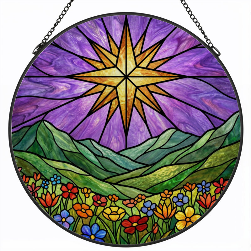 7.8"H Star Sky Stained Glass Window Panel, 7.8" H x 7.8" W