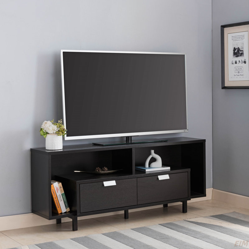 Meuble audio-vidéo, console de télévision 60 po avec 2 tiroirs et tablettes ouvertes, cacao rouge