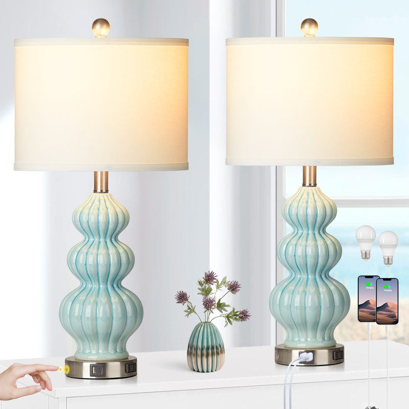 25" Blue Ceramic USB Table Lamps with Touch Control