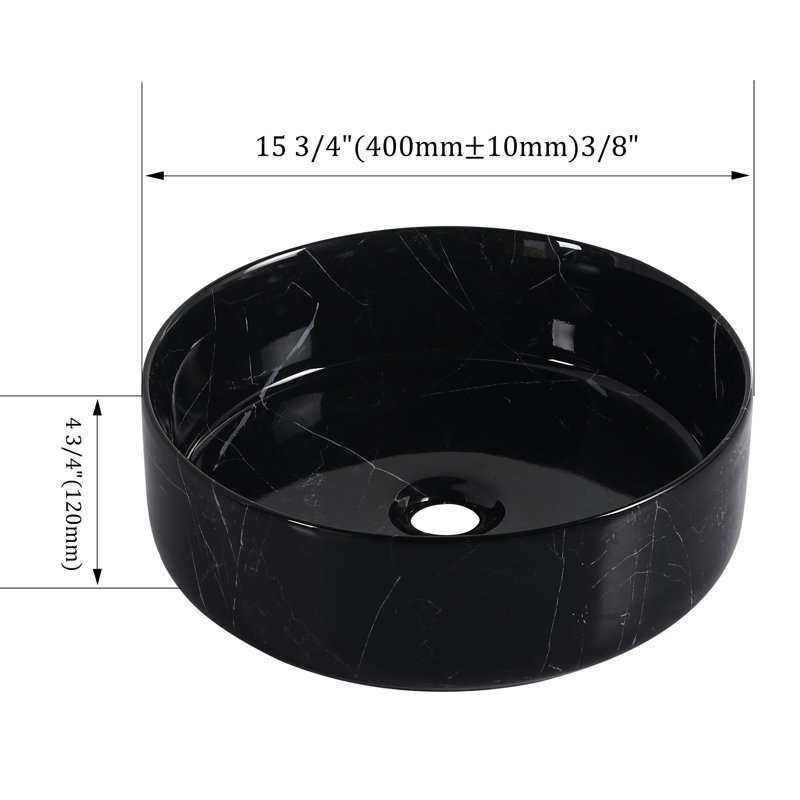 Lavabo de comptoir en céramique pour salle de bain au design noir et blanc, émail, faible absorption d'eau, 16,16 dimensions, 19,1 lb, blanc, surface lisse, facile à entretenir, trou de drain de 45 mm,