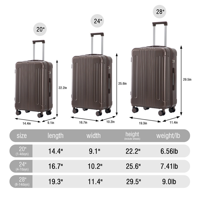 20 po / 24 po / 28 po 3 pièces / ensemble en valise à roulettes ABS, valise de cabine, couleur assortie, serrure à combinaison TSA