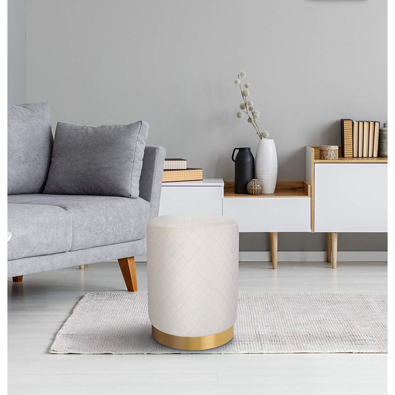Cream Velvet Tufted Round Pouf with Gold Base