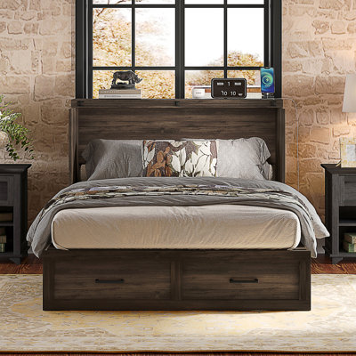 Lit double escamotable pleine grandeur avec station de charge, lit plateforme pliable avec grand tiroir de rangement pour chambre d'amis, petite chambre, gris rustique