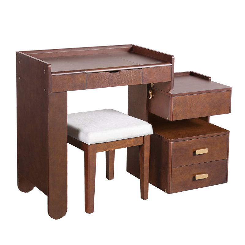 31 Walnut Makeup Table With 3-Color Led Lighting, Fold-Down Mirror, And Divided Storage Drawers For Home Decor Vanity Adjustable Retractable Side Cabinet Use