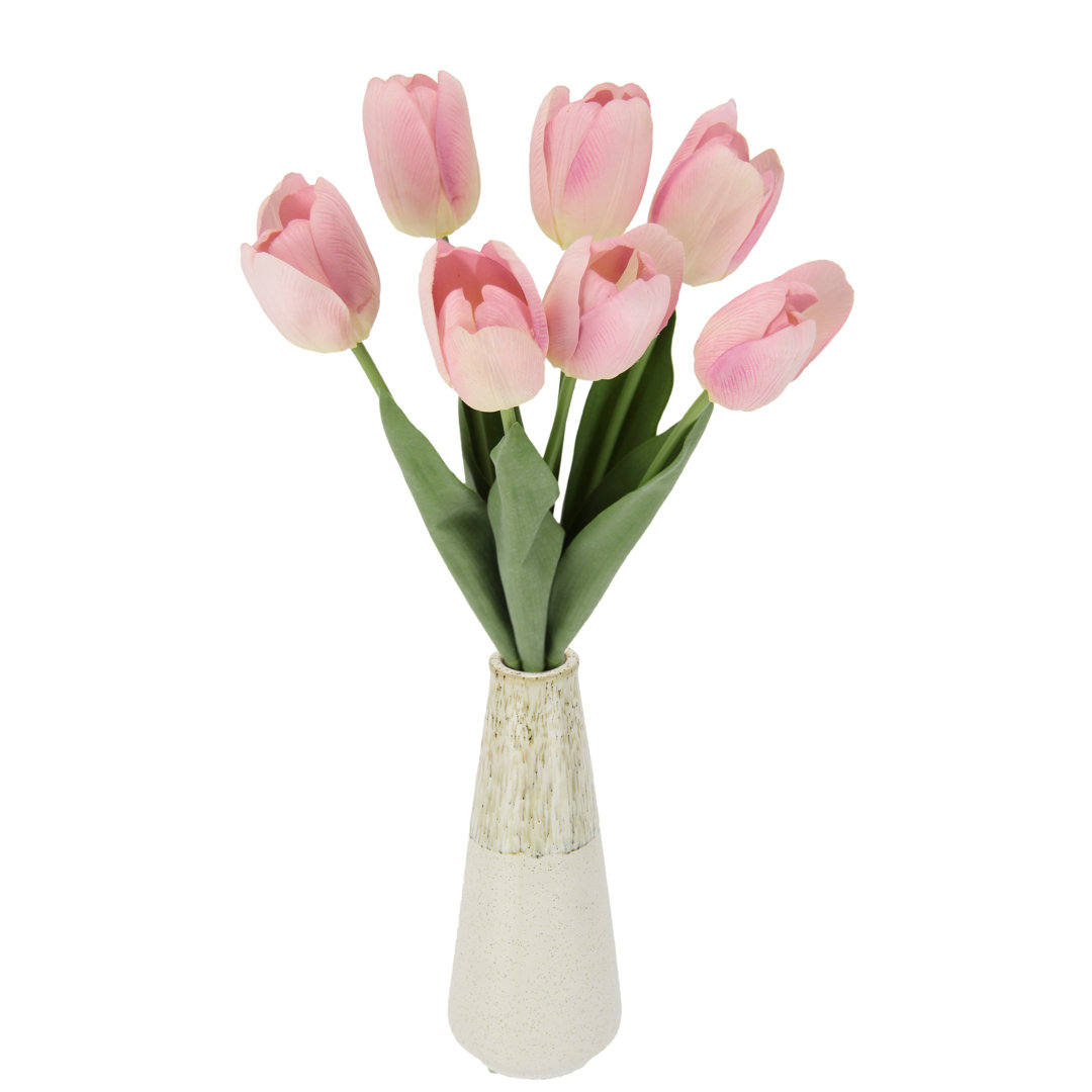 Real Touch Tulpenbund 7 Blüten in Vase Frühjahrsdeko Frühlingsdeko Osterdeko Tischdeko Kunstblumen Künstliche Blumen Tul...