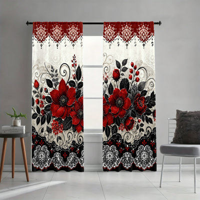 2PCS Vintage Red Black White Floral Lace Light Filtering Curtains, Bohemian Rod Pocket Window Drapes for Living Room, Bedroom and Study