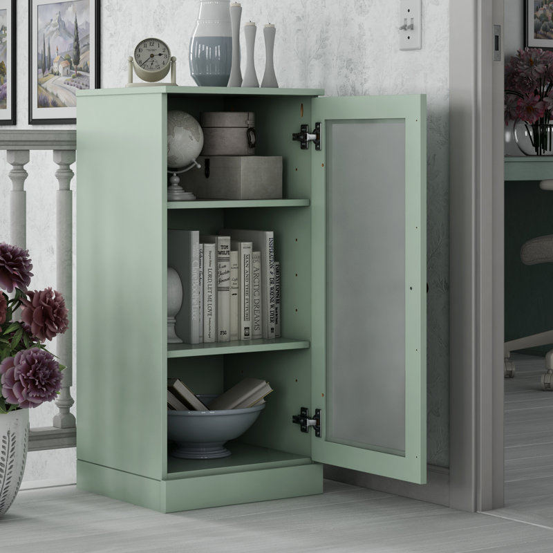 100% Solid Wood 3-Shelf Bookcase with Frosted Glass Door and Adjustable Shelves, Sage
