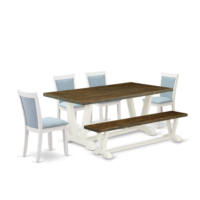 Ensemble de salle à manger 6 pièces comprenant une table rectangulaire à pieds en V et 4 chaises Parson en lin bleu ciel avec banc, 101,6 x 182,9 cm (40 x 72 pouces).