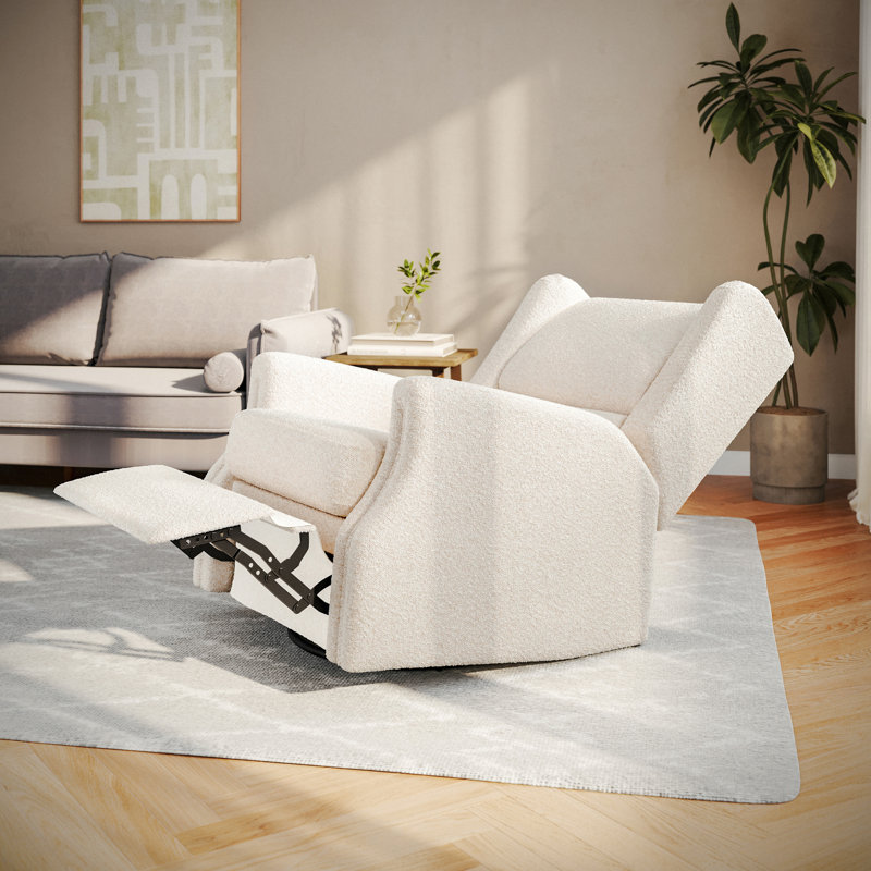Jillean Upholstered Wingback Manual Rocking Glider Recliner Chair with 360° Swivel, Off White Boucle