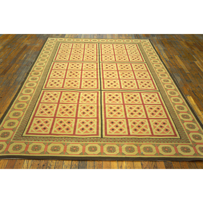 Tapis unique en laine noué à la main de 9 pi x 12 pi jaune / vert / rouge