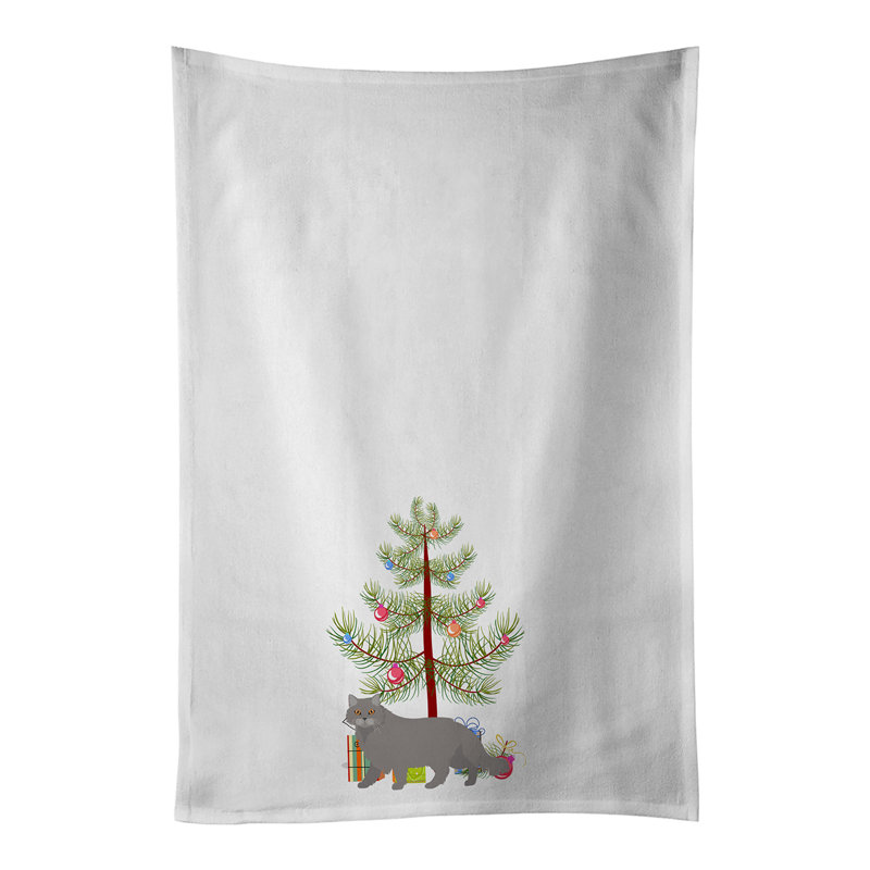Merry Christmas White Kitchen Towel Set Of 2, British Longhair Cat
