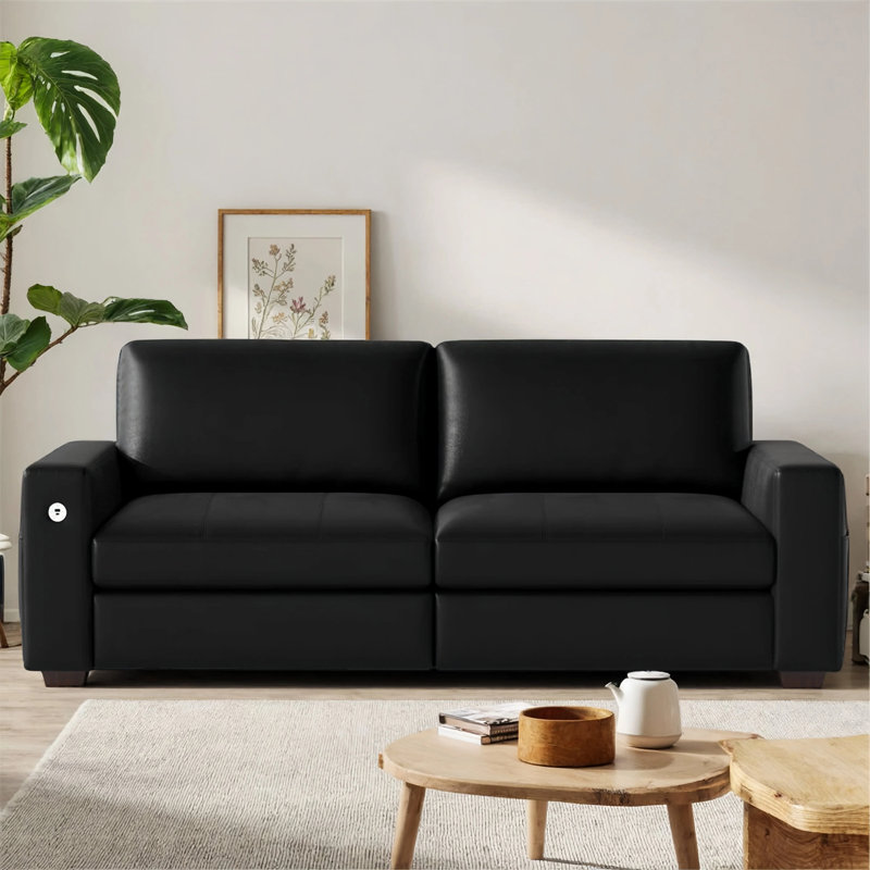 Yakina 89'' Upholstered Modern Vegan Leather Sofa with Storage Pockets Couches and USB Charging Port, Black