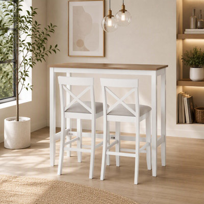 Ensemble de salle à manger rectangulaire en bois de style campagnard, hauteur bar, 122 cm (48 po), mobilier de coin repas avec 2 chaises, conçu pour les petits espaces, brun, blanc et beige