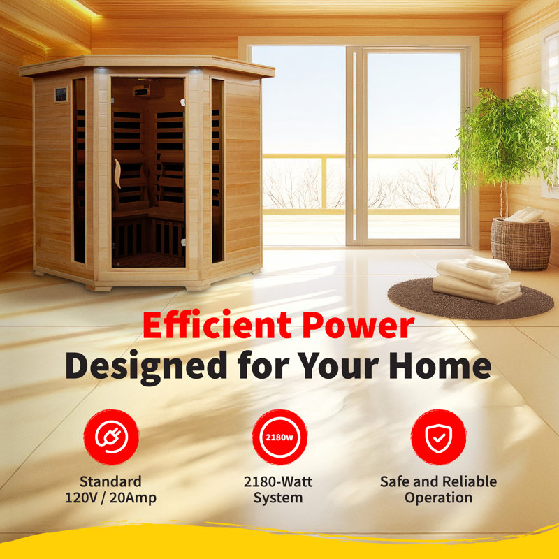 HEATWAVE Tucson 4 Person Hemlock Low EMF Infrared Wood Sauna for Home & Indoor Relaxation – With 9 Carbon Heaters, Chromotherapy Lighting, Tempered Glass Door, Built-In Stereo Sound System