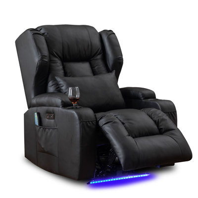 Aguilera 31.5" Wide Faux Leather Heated Power Recliner Massage Home Theater Individual Seat with Cup Holder