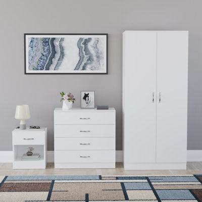 Maybery 3 Piece Bedroom Set (1 Drawer Bedside Cabinet, 4 Drawer Chest, 2 Door Wardrobe), (4)