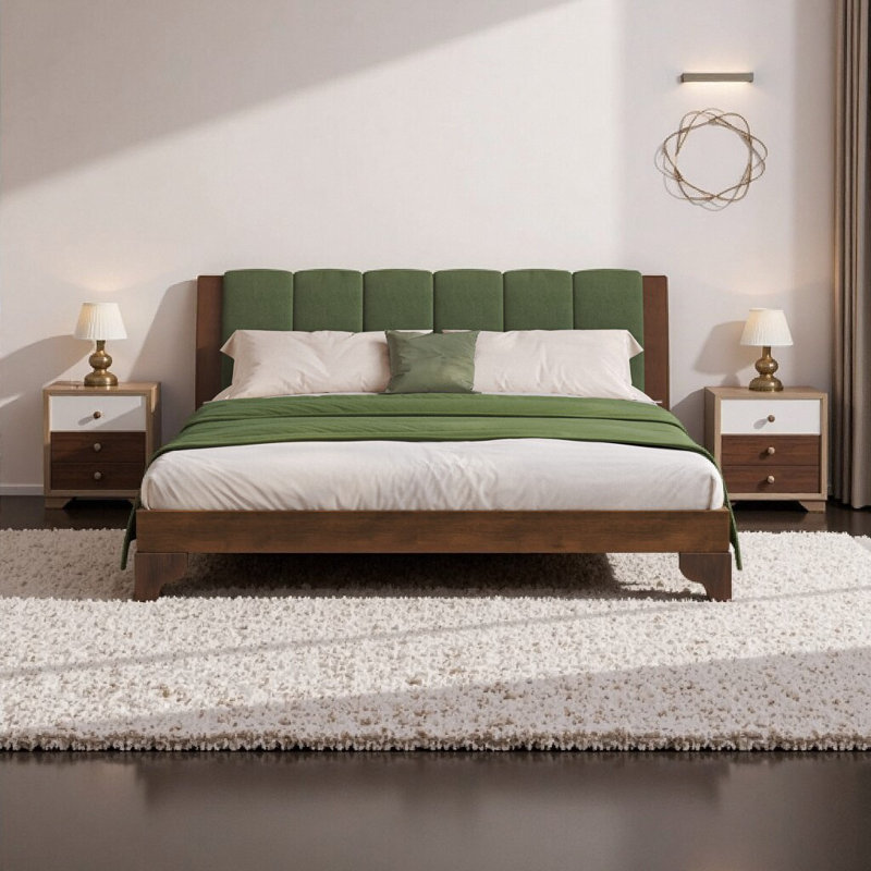 Structure de lit très grand de qualité supérieure avec tête de lit tapissier - Design Mid-Century moderne en noyer et vert