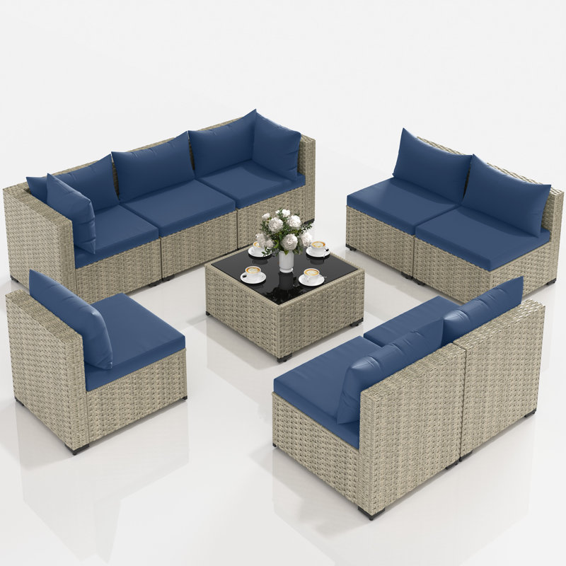 9 Pieces Rattan Patio Conversation Sets With Cushions, Navy