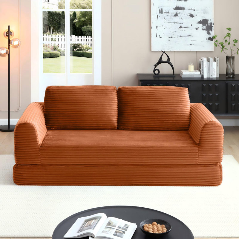 Canapé-lit rembourré 82 po avec 2 coussins en velours côtelé rembourré Corduroy - aucun assemblage requis, Orange