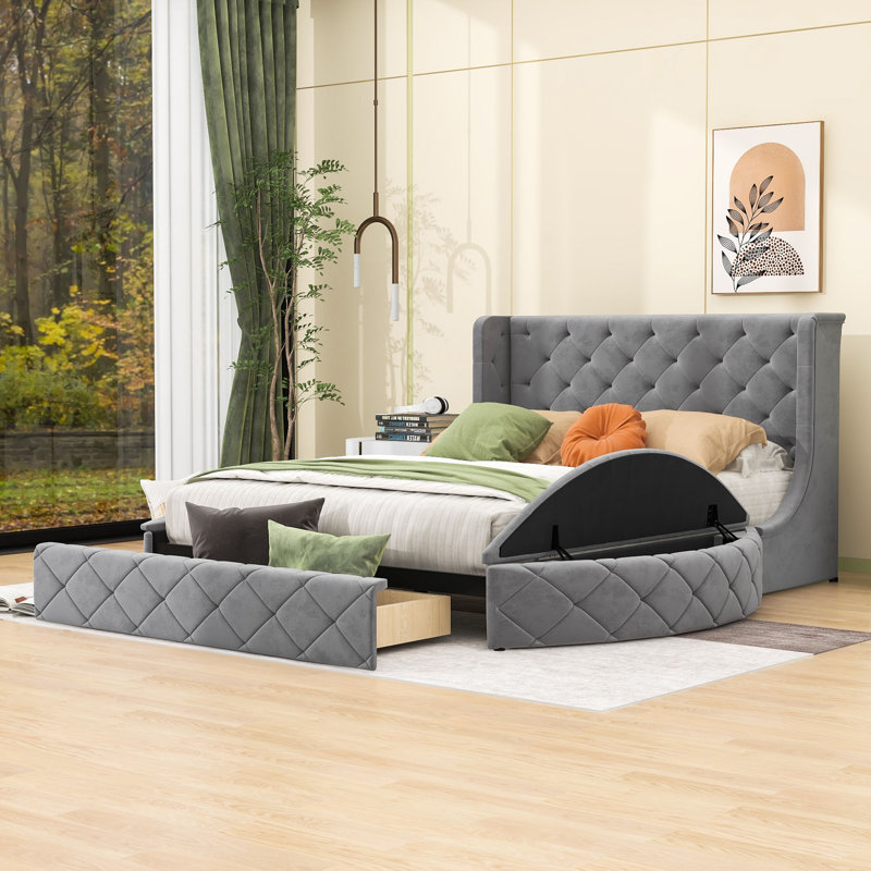 Jakayle 3 Drawers Upholstered Platform Bed with Wingback Headboard and Side Bench, Gray