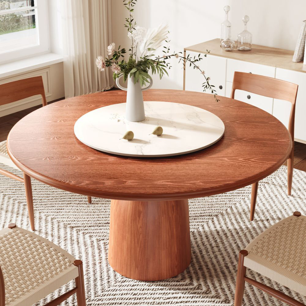 George Oliver Mid-Century Modern Farmhouse Round Sintered Stone Pedestal Dining Table With Lazy ...