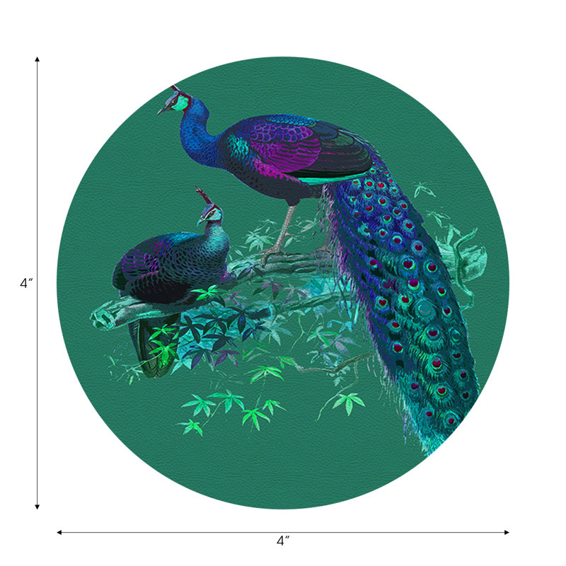 Family Pheasants Pinot Vegan Leather Round Coasters, Peacock