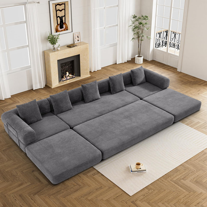 Convertible Boneless Sectional Sleeper Sofa Bed Modular Compression Couch With Removable Back And Arm, Gray Corduroy 