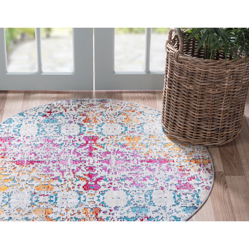  Tapis bleu / gris / rose Power Loom, Rond 4 pi 1 po