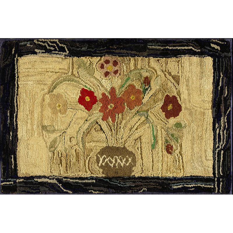 Antique Folk Art Flowers Vase Design American Hooked Rug