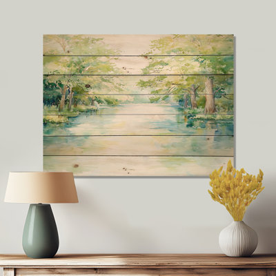 Rivière Guadalupe au Texas II - Paysage moderne, impression sur bois bleu de pin naturel