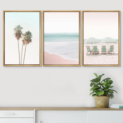" Retro Vintage Pastel Tropical Island Beach Coastal Nautical Photography Modern Art Seascape Relax " 3 - Pieces on Canvas