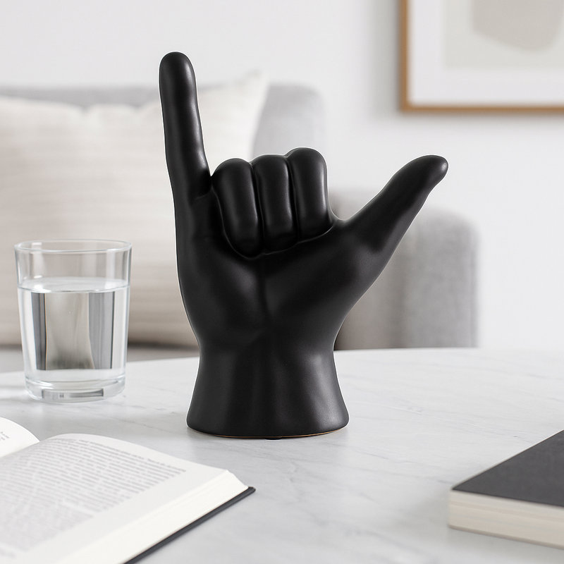 Crislyn Decorative Stoneware Ceramic Hand Sculpture with Shaka Gesture Silhouette Contemporary Abstract Accent Art Figurine Modern Handcrafted Display Object