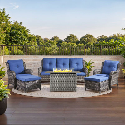 Ensemble de canapé d'extérieur 6 pièces avec 2 chaises de patio, 2 repose-pieds et table de foyer d'extérieur 55K BTU Wendye