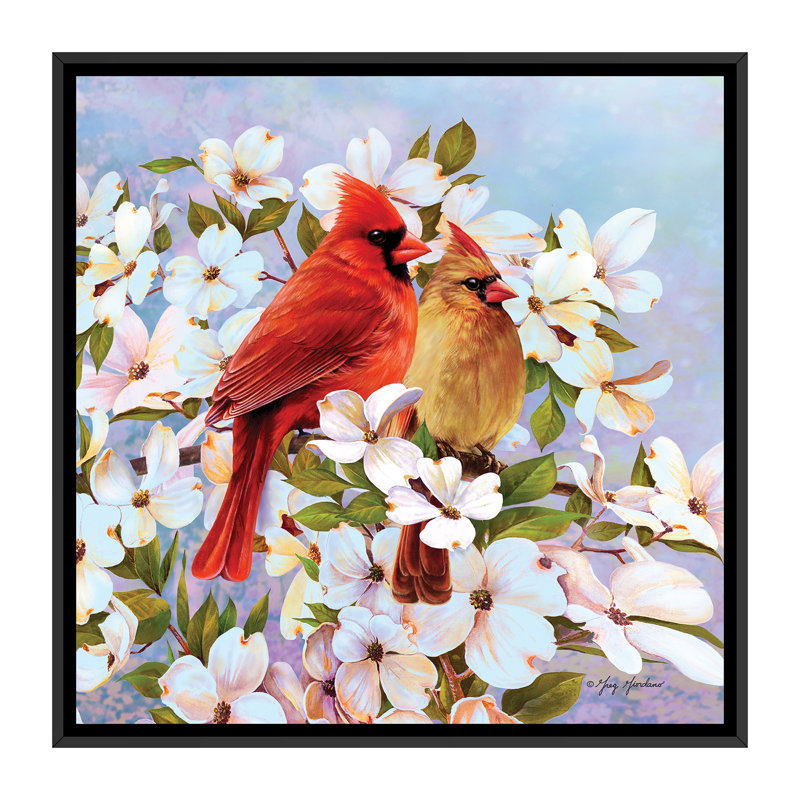 «Cardinal Couple and Dogwoods» par Greg & Company - reproduction, Toile avec cadre noir, Pas de tapis