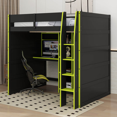 Lit mezzanine double avec bureau, lumières RVB, garde-robe et compartiments de rangement