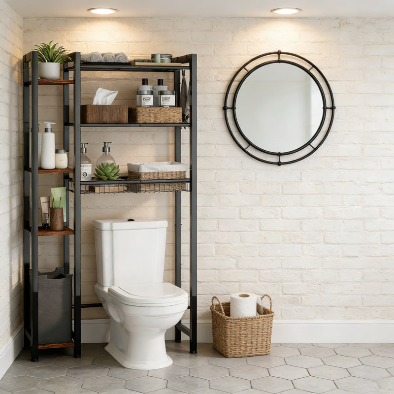 Rangement au-dessus de la toilette avec tablettes réglables, supports latéraux, panier de drainage et crochets - Étagère de salle de bain autoportante peu encombrante