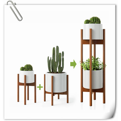 2 Pack Mid Century Modern Plant Stands With Adjustable Width 8" To 12", Indoor Bamboo Plant Stand With 2 Tier Use Method (Pot & Plant Not Included) by Arlmont & Co.