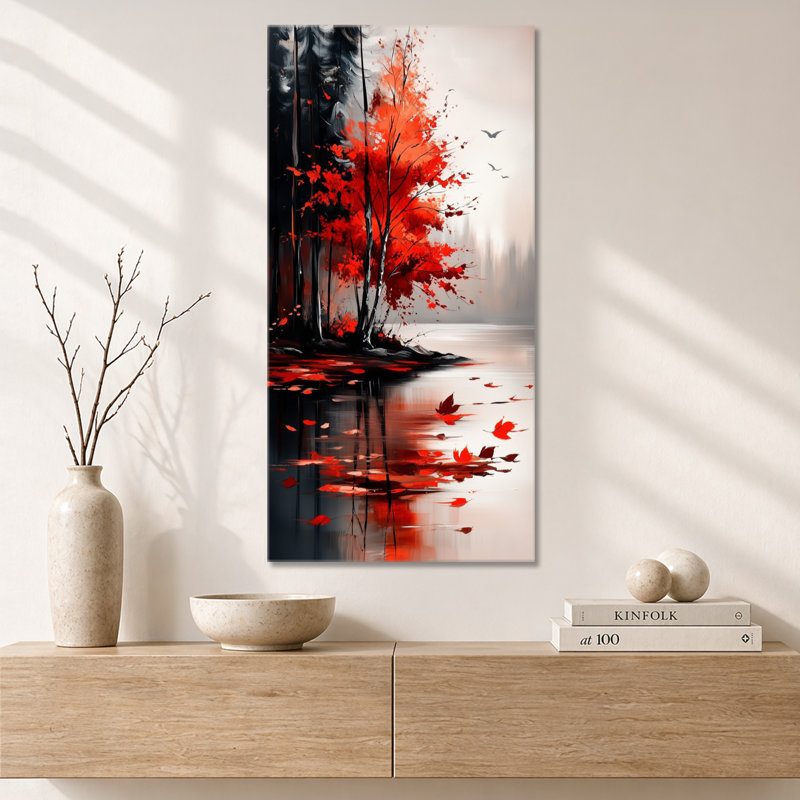 «Red Black Tranquil Autumn Lake Reflections I - River», reproduction d'art encadrée sur toile, H 40 po x l 20 po