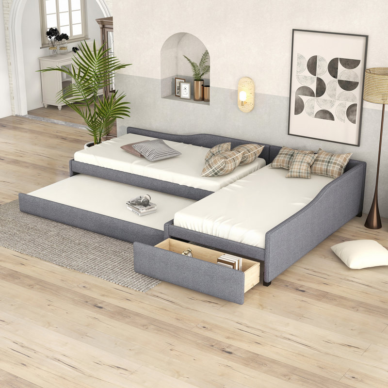 Upholstered Double Daybed With Trundle And Drawer, Gray