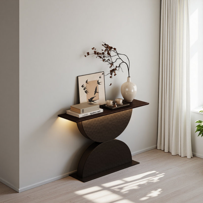 Console en bois 47 po avec demi-cercles 47 po et structure en bois martelé avec entrée et éclairage à DEL