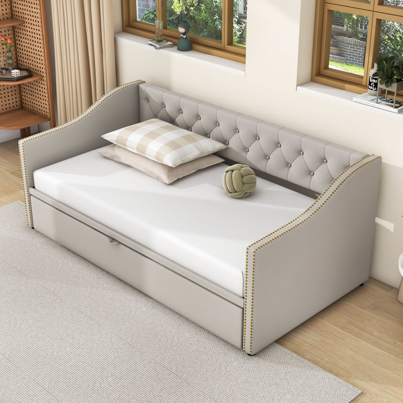 Twin Wood Upholstered daybed with Twin Trundle, Gray