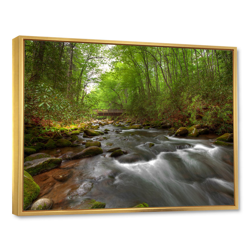 Rivière en vert forêt d'été - décoration murale traditionnelle sur toile, H 8 po x l 12 po x P 1 po, Cadre flottant doré