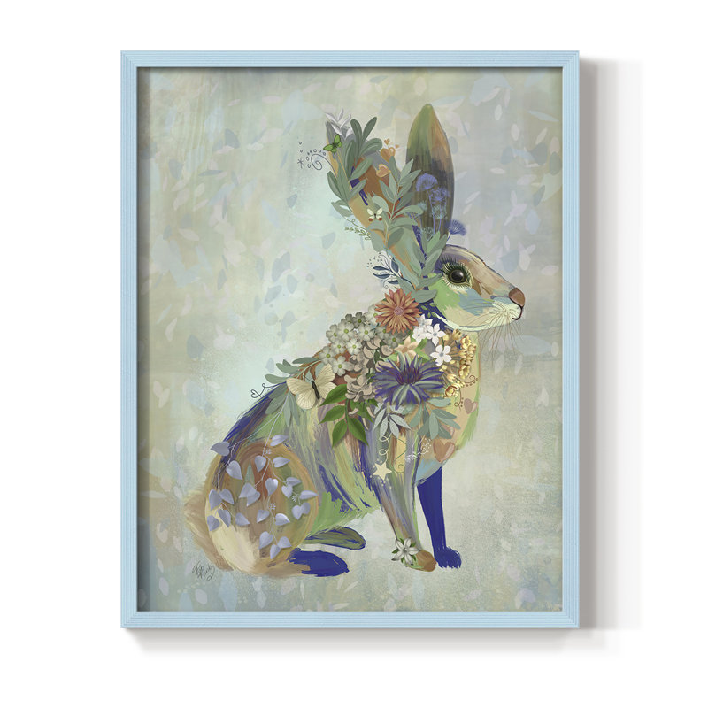 Fantastic Florals Hare, assis, reproduction encadrée - bois massif, Bleu, H 10 po x l 8 po