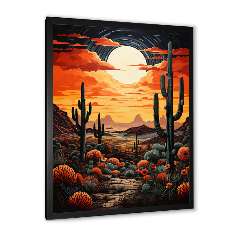 Ballyclare, orange, jaune, cactus, désert, coucher de soleil, Saguaro - Cactus, art mural encadré, H 32 po x l 16 po x P 1 po