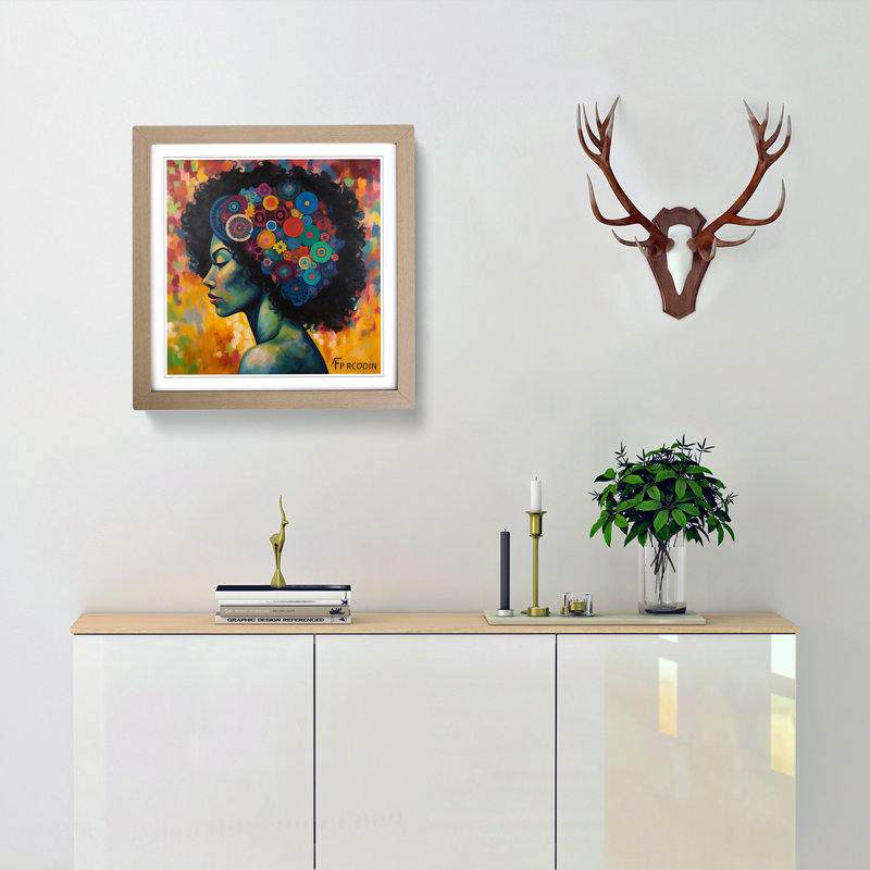 Woman with Affro Precisionism - Framed Print, Oak Framed