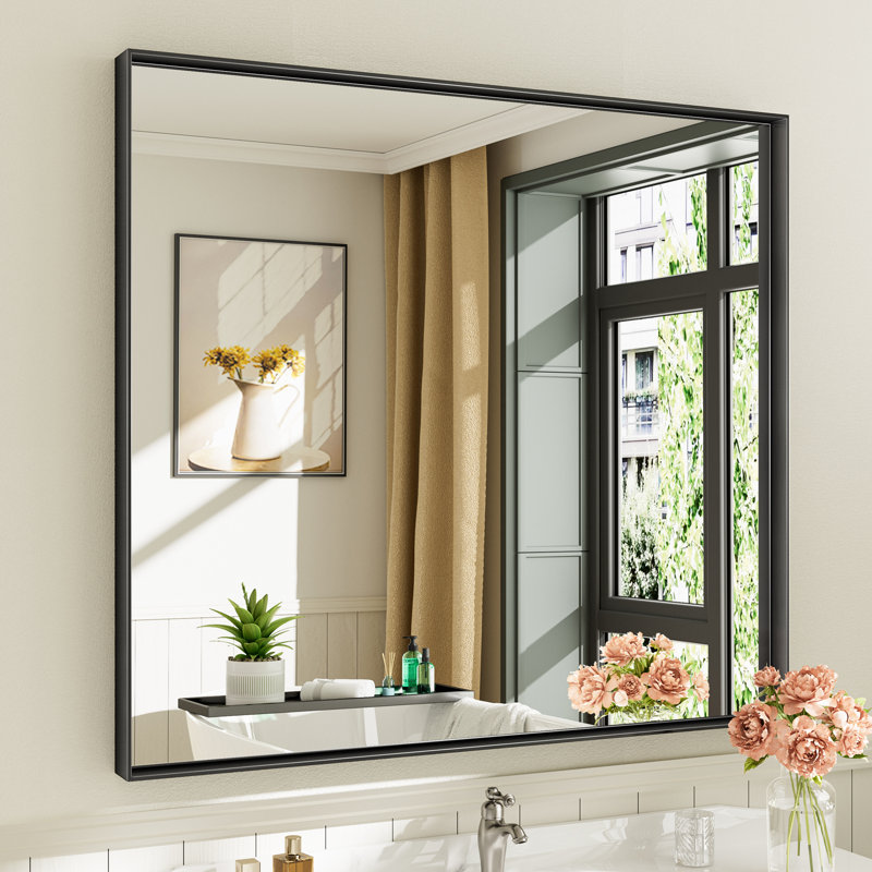 Miroirs de salle de bain rectangulaires / carrés modernes et contemporains en aluminium noir mat avec verre trempé HD